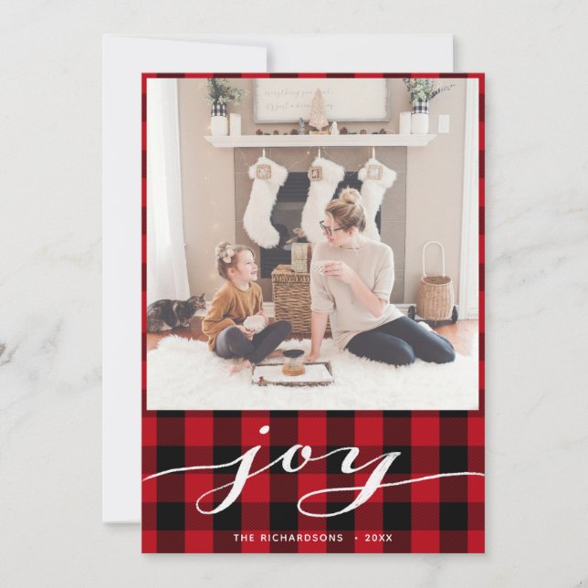 Modern Red Back Buffalo Plaid Elegant Script JOY Holiday Card (Front)