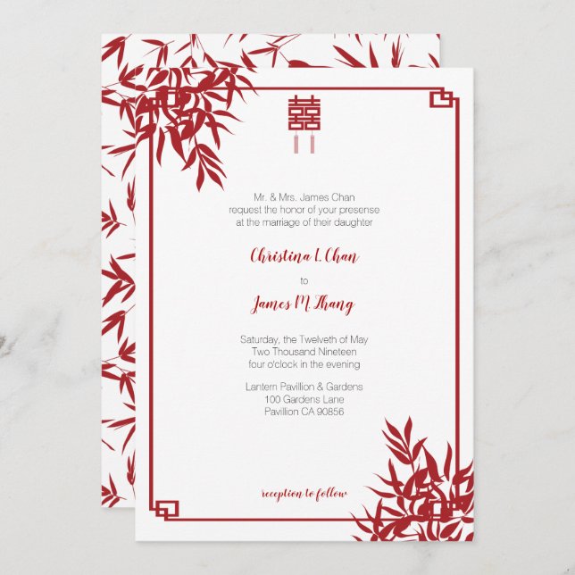 Modern Red Bamboo Double Happiness Chinese Wedding Invitation (Front/Back)