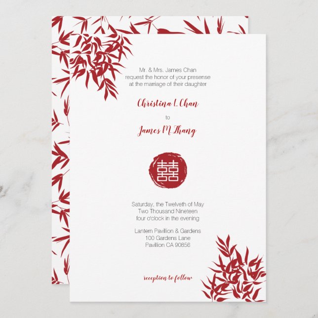 Modern Red Bamboo Double Happiness Chinese Wedding Invitation (Front/Back)