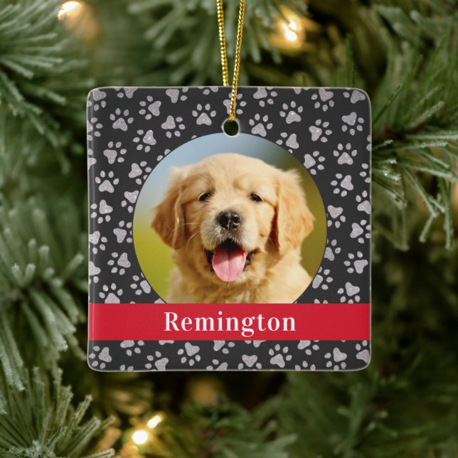 Modern Red Banner Dog Photo Square Keepsake Ceramic Ornament (Tree)
