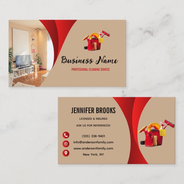Modern Red Beige Cleaning Service Housekeeper Maid Business Card (Front/Back)