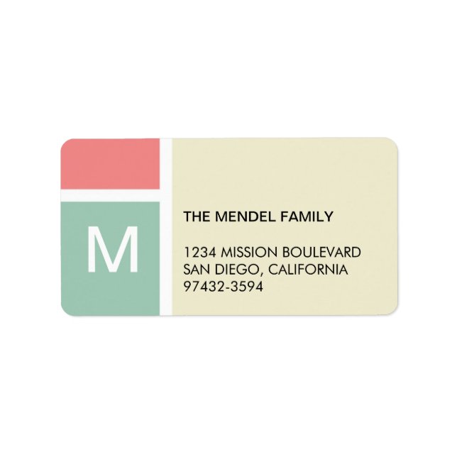 Modern red beige colour block monogram address label (Front)