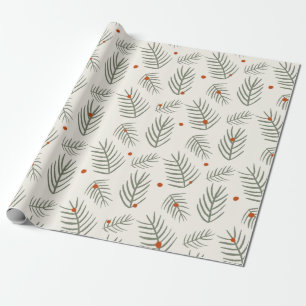 Modern Red Berries Pine Needles Wrapping Paper