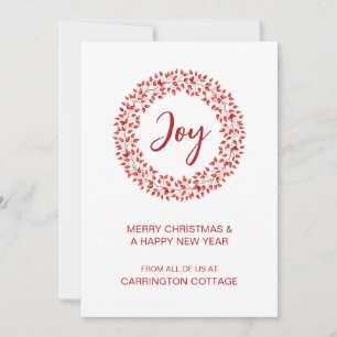 Modern Red Berries Wreath. Business Logo Holiday Card