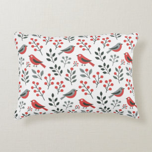 Modern Red Berry Christmas Bird Decorative Cushion