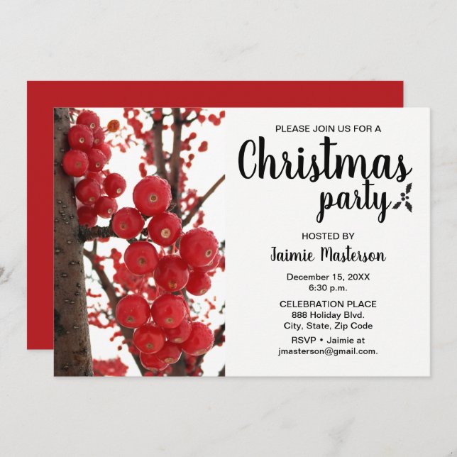 Modern Red Berry Christmas Party Invitation (Front/Back)