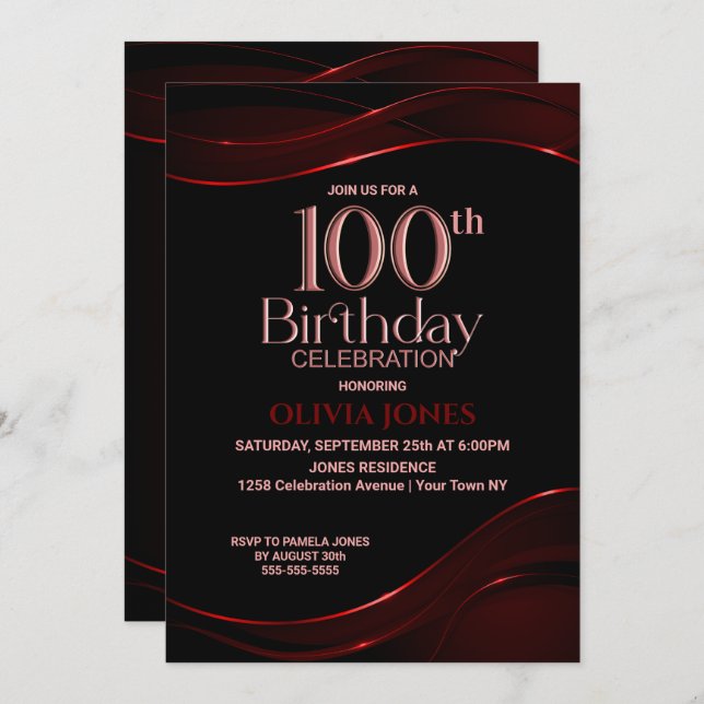 Modern Red Black 100th Birthday Party Invitation (Front/Back)