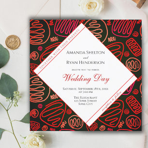 Modern Red Black Abstract One Line Art Wedding  Invitation