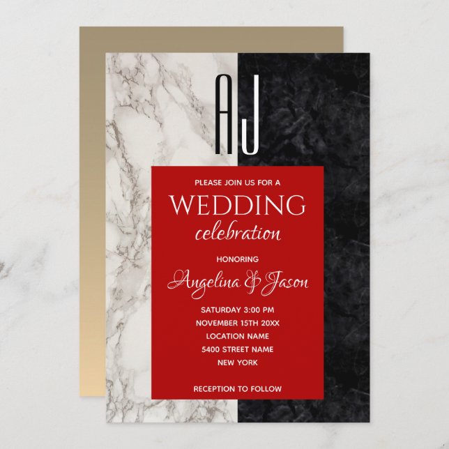 Modern Red Black and White Wedding Invitation (Front/Back)