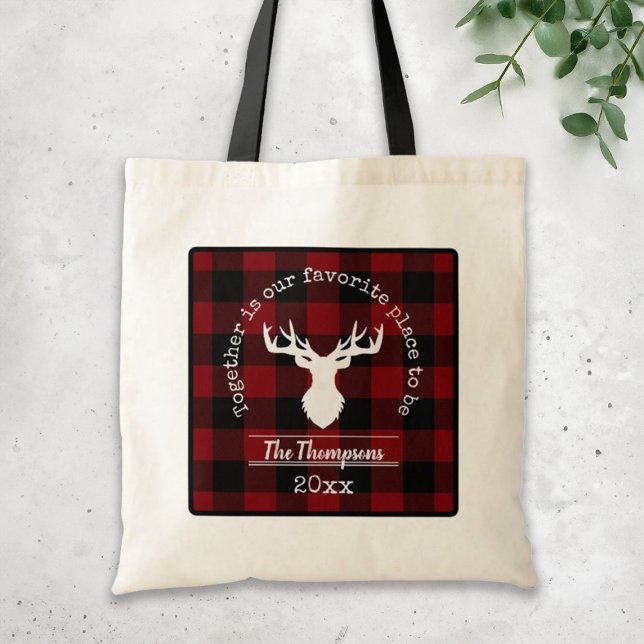 Modern Red Black Buffalo Plaid Rustic Family Name Tote Bag (Creator Uploaded)