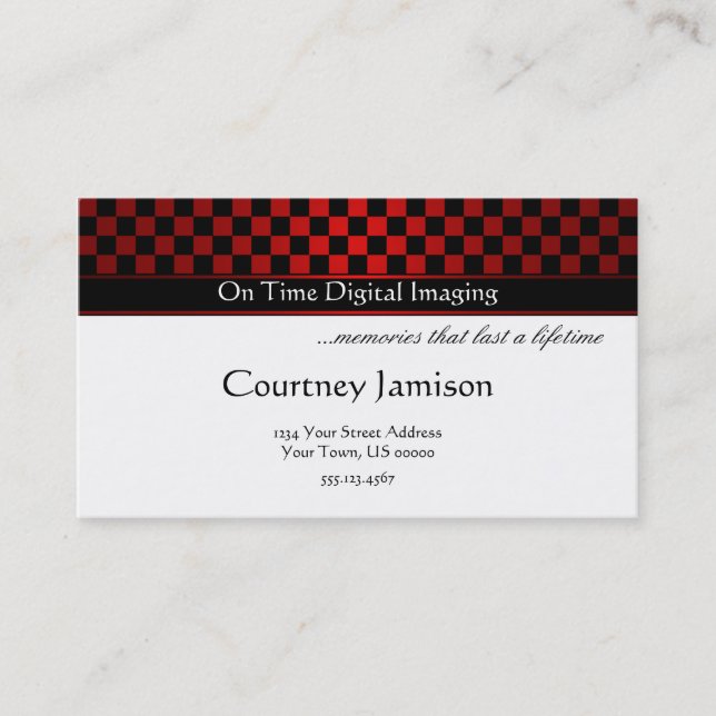 Modern Red Black Checkers Pattern Business Card (Front)