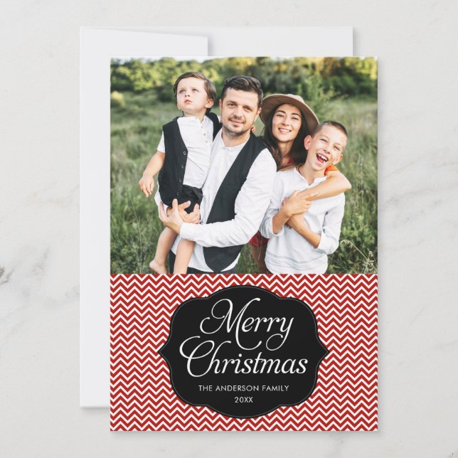 Modern Red Black Chevron Christmas Photo Card (Front)