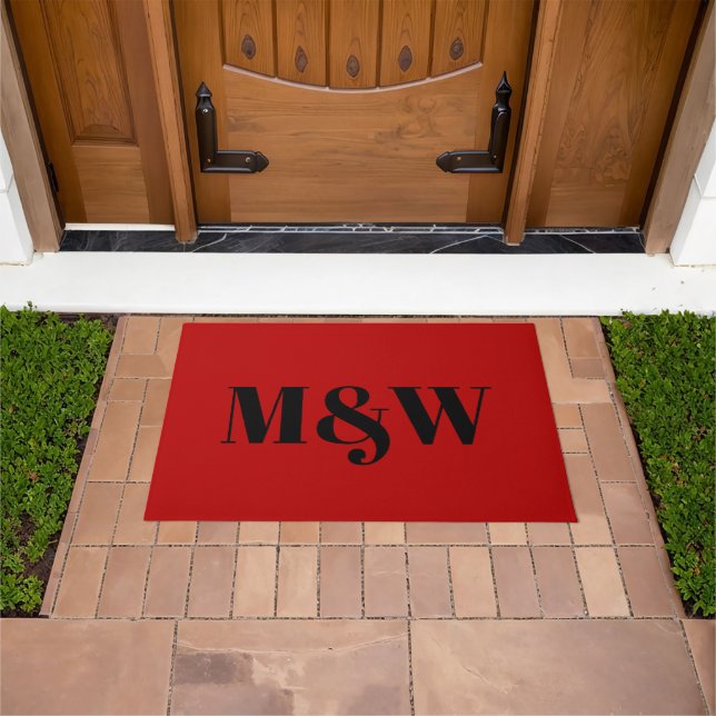Modern red black custom couple monogram initials doormat (Outdoor)
