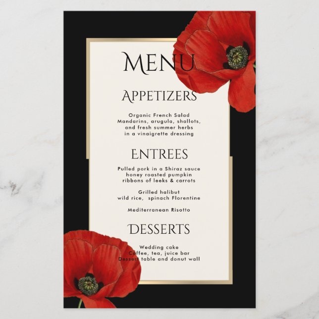 Modern Red  Black Floral 3 Course Wedding Menu  (Front)