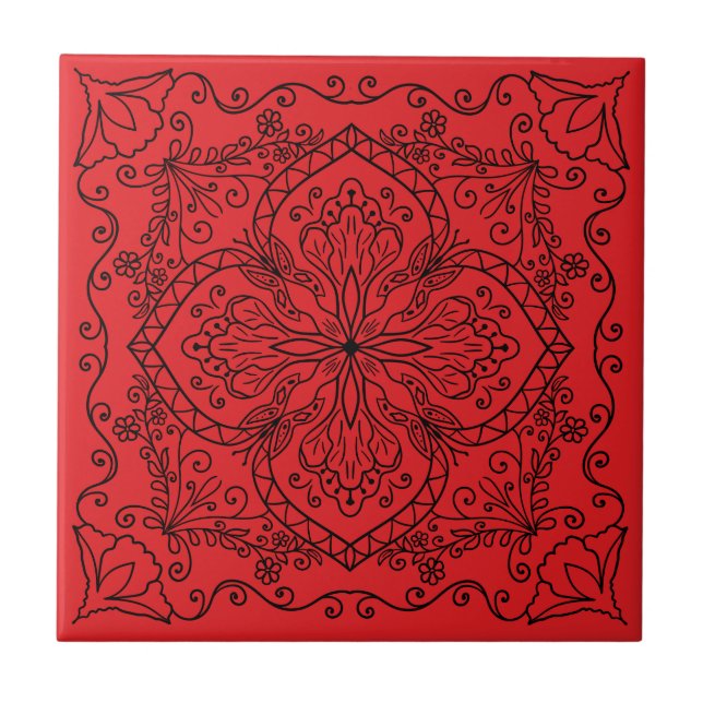 Modern Red Black Flowers Butterfly Decorative Tile (Front)