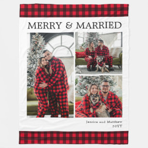 Modern Red Black Gingham 3 Photo Merry and Married Fleece Blanket