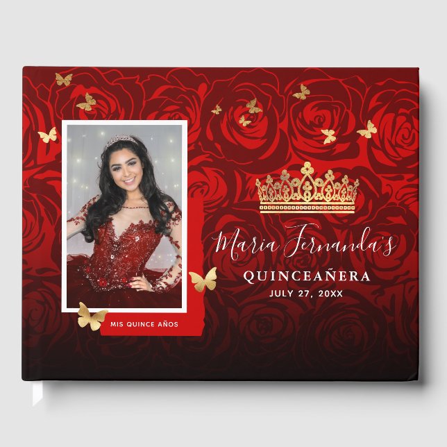 Modern Red Black Gold Elegant Photo Quinceanera Guest Book (Front)