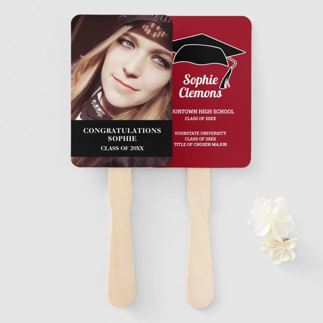 Modern Red Black Graduation Cap Photo Class of Hand Fan (Front and Back)