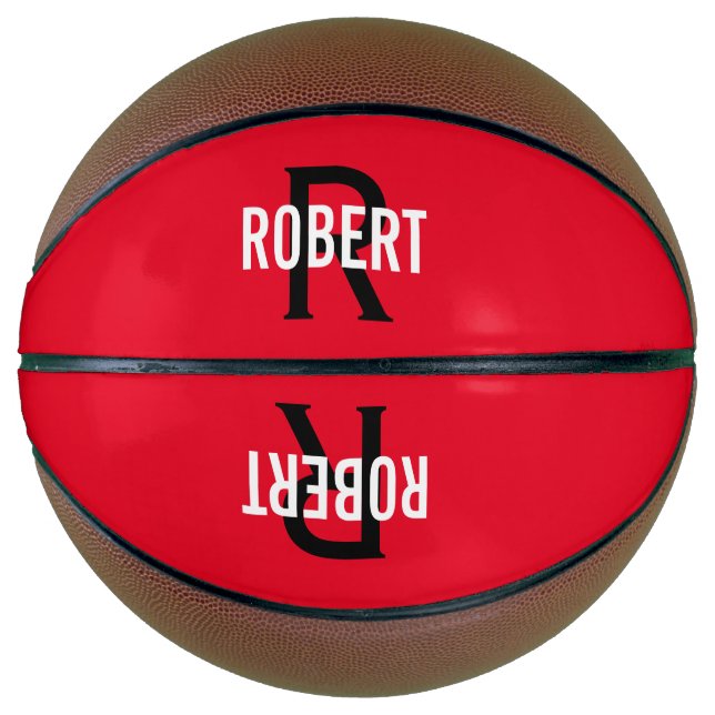 Modern red black monogram name basketball (Front)