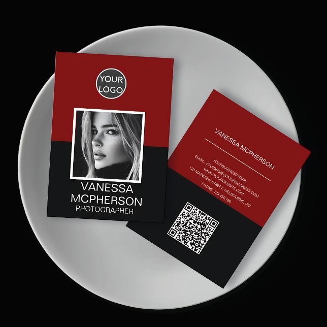 Modern Red & Black Photo Logo QR Code Business Card (Creator Uploaded)