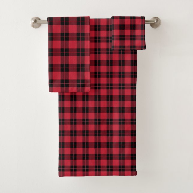 Modern Red Black Plaid Pattern Bath Towel Set (Insitu)