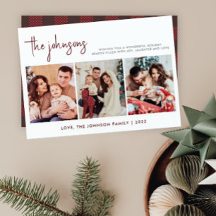 Modern Red & Black Plaid Photo Family Christmas  Holiday Card