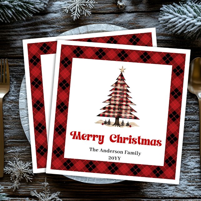 Modern Red Black Plaid Tree Christmas Napkins (Modern Red Black Plaid Tree Christmas Napkin)