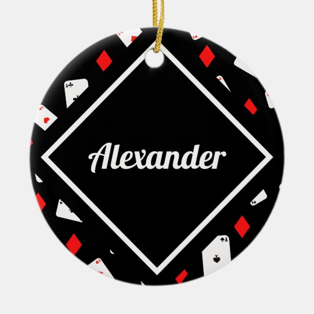 Modern Red & Black Poker Theme Pattern Custom Name Ceramic Tree Decoration (Front)