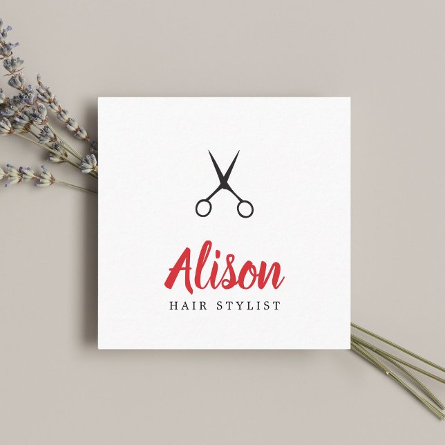 Modern Red Black Scissors Hair Stylist Square Business Card (Creator Uploaded)