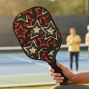 Modern Red Black Stars Cool Grunge Pattern Custom Pickleball Paddle