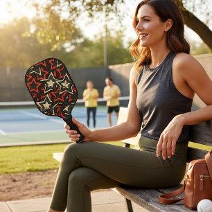 Modern Red Black Stars Cool Grunge Pattern Custom Pickleball Paddle