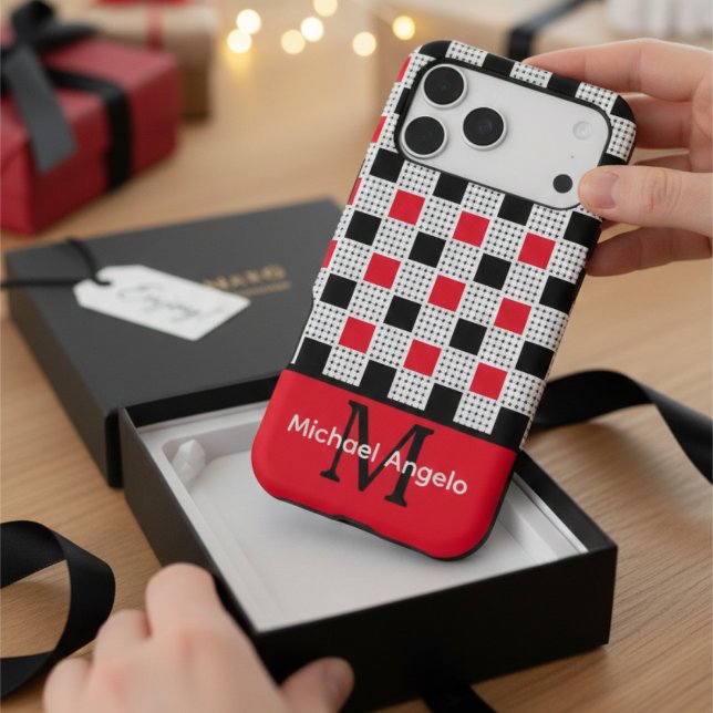 Modern Red Black & White Checkerboard Monogram (Creator Uploaded)