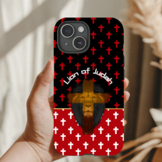 Modern Red Black White Crosses Lion of Judah iPhone 15 Case