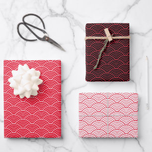 Modern Red Black White Japanese Wave Wrapping Paper Sheet