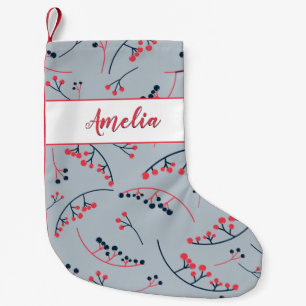 Modern red blue berries illustration pattern small christmas stocking
