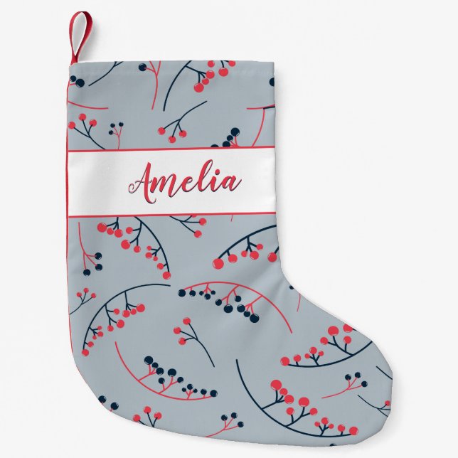 Modern red blue berries illustration pattern small christmas stocking (Front)