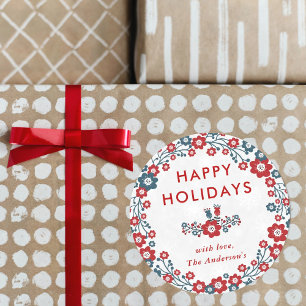 Modern Red & Blue Christmas Wreath Happy Holidays Classic Round Sticker