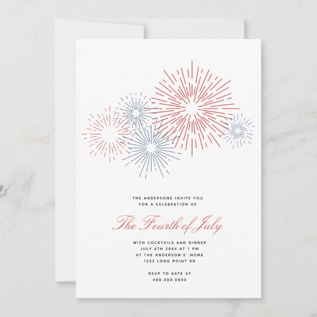 Modern Red & Blue Fireworks 4th of July Party BBQ Invitation (Front)