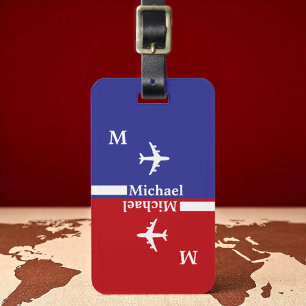 Modern Red Blue luggagetag with name Luggage Tag