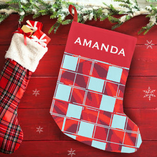 Modern Red Blue Plaid Pattern Name Small Christmas Stocking