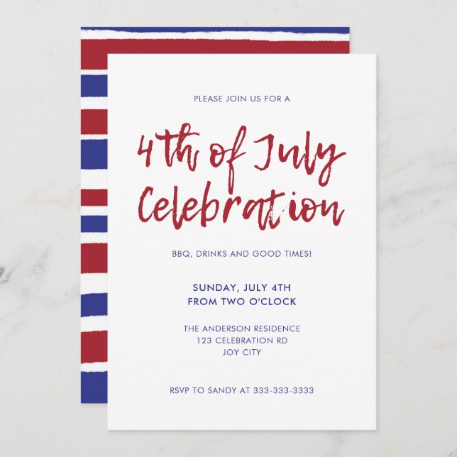 Modern Red Blue Stripes 4th of July Independence Invitation (Front/Back)