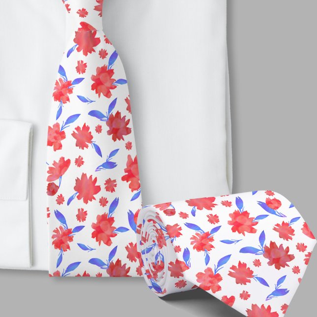 Modern red blue watercolor flowers tie (Creator Uploaded)