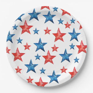 Modern red blue watercolor stars 4th of July Paper Plate