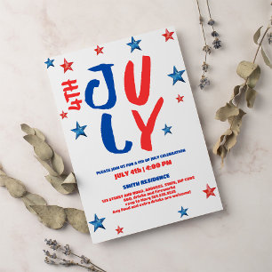 Modern red blue watercolor typography 4th of July  Invitation
