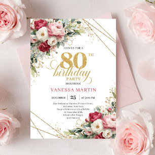 Modern Red Blush Greenery 80th Birthday Invite