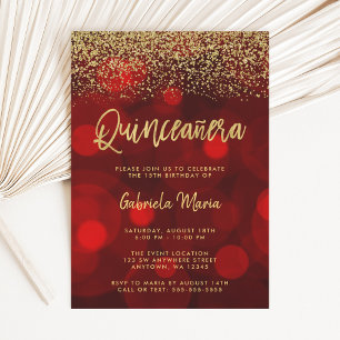 Modern Red Bokeh Gold Glitter Quinceanera Invitation