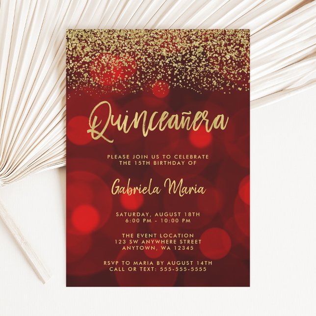 Modern Red Bokeh Gold Glitter Quinceanera Invitation (Creator Uploaded)