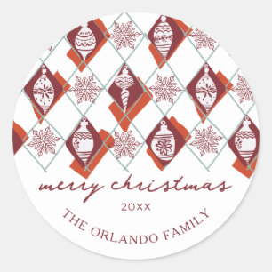 Modern Red Botanical  Family Merry Christmas Class Classic Round Sticker