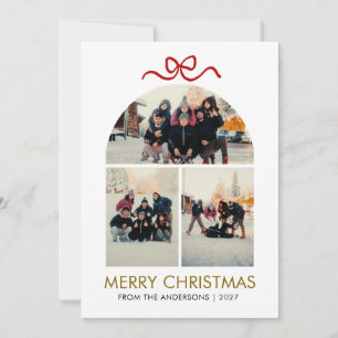 Modern Red Bow Arch 3 Photo Collage Christmas Holiday Card
