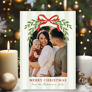 Modern Red Bow Greenery Arch 1 Photo Christmas Holiday Card